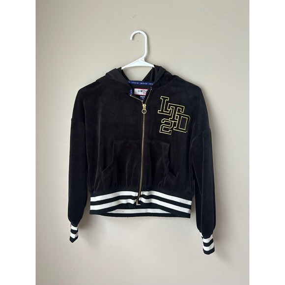 Limited Too Girls Black Velour Varsity Jacket Zip Up Hoodie Y2K Preppy - Picture 1 of 5